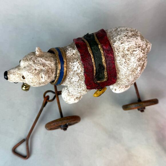 Vintage Rustic Holiday Christmas Polar Bear Wagon Figurine On Wheels - Picture 4 of 6